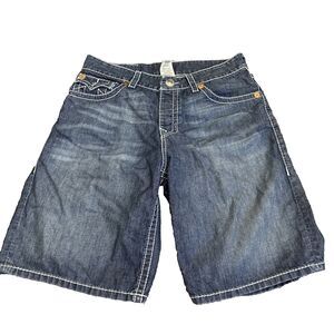 True Religion Surf Board Short Dark Denim Blue Logo Flap Men 33 White Stitch